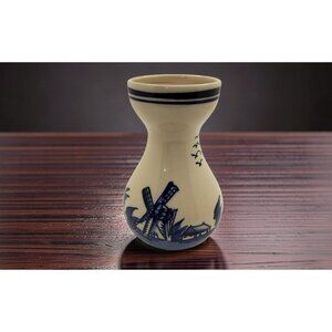 vintge porcelain delft de fles dutch windmill blue/cream color vase.